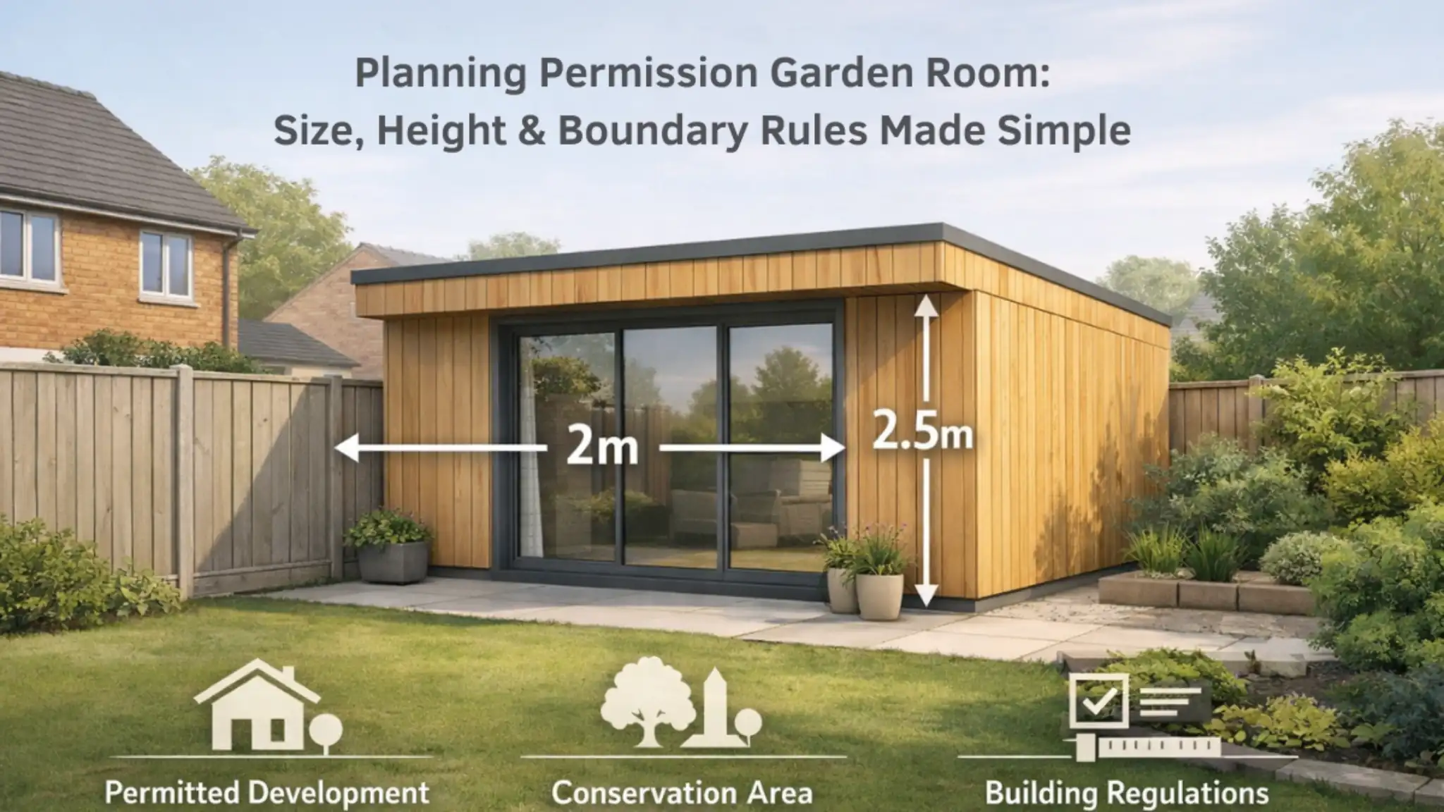 Illustration of a timber-clad garden room in a UK suburban backyard showing planning permission rules, including 2m boundary distance and 2.5m height, with icons for permitted development, conservation area, and building regulations — ideal visual for Planning Permission Garden Room guidance.