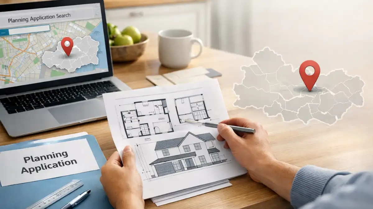 Homeowner reviewing architectural plans at a kitchen table with a laptop displaying a planning application map of Wokingham, highlighting the planning permission process in Wokingham.