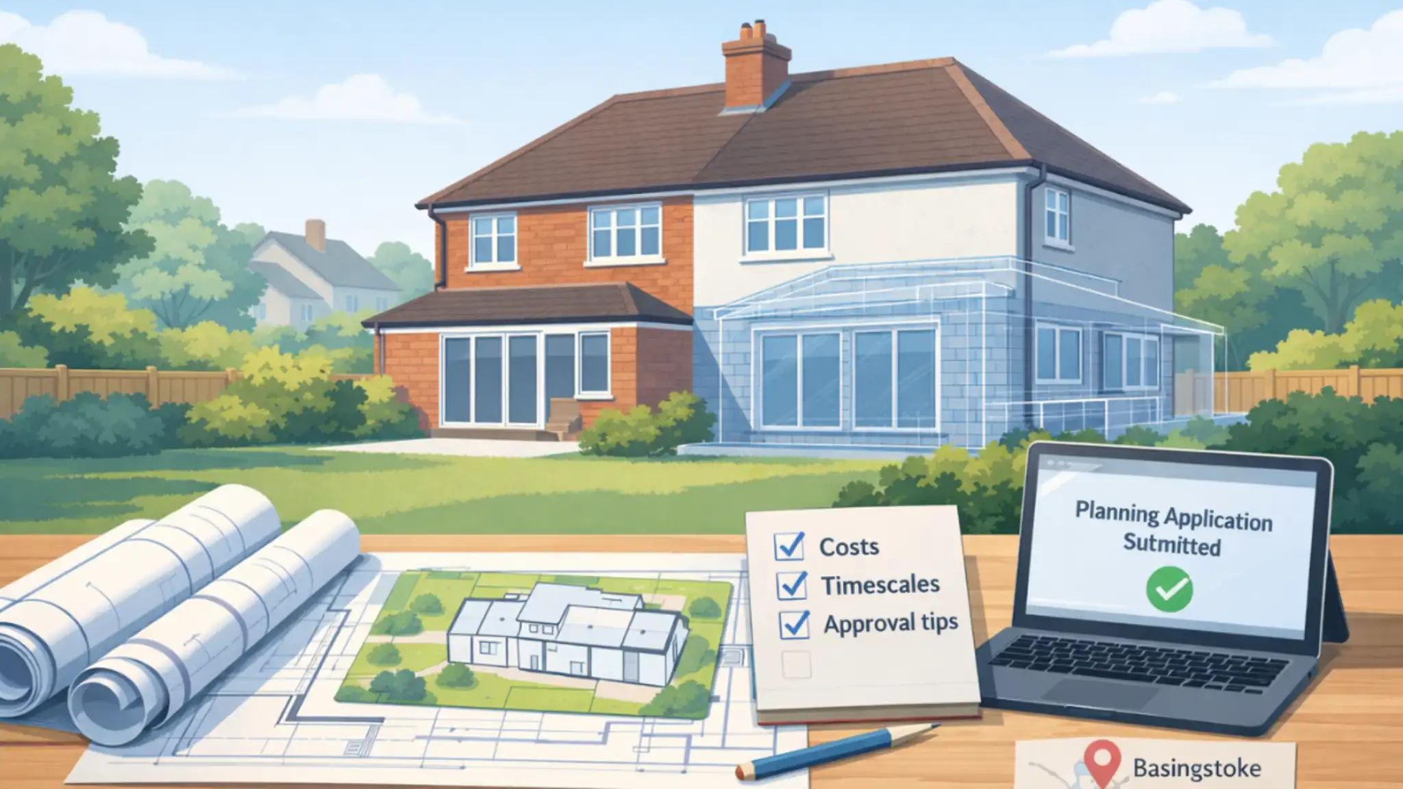 Planning Permission Basingstoke illustration showing a UK semi-detached home with a rear extension plan, architectural drawings, and a planning application submitted on a laptop.