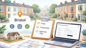Planning Permission Bristol guide illustration showing UK terraced houses, architectural plans, costs, timescales and approval checklist on a desk workspace.