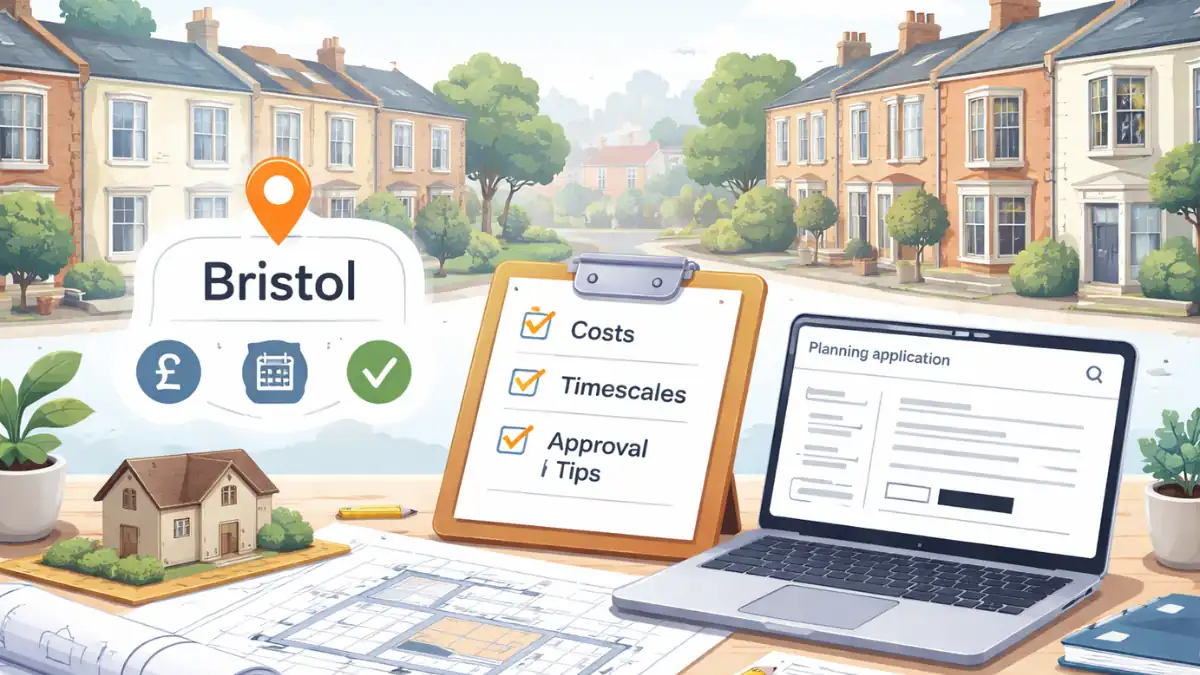 Planning Permission Bristol guide illustration showing UK terraced houses, architectural plans, costs, timescales and approval checklist on a desk workspace.