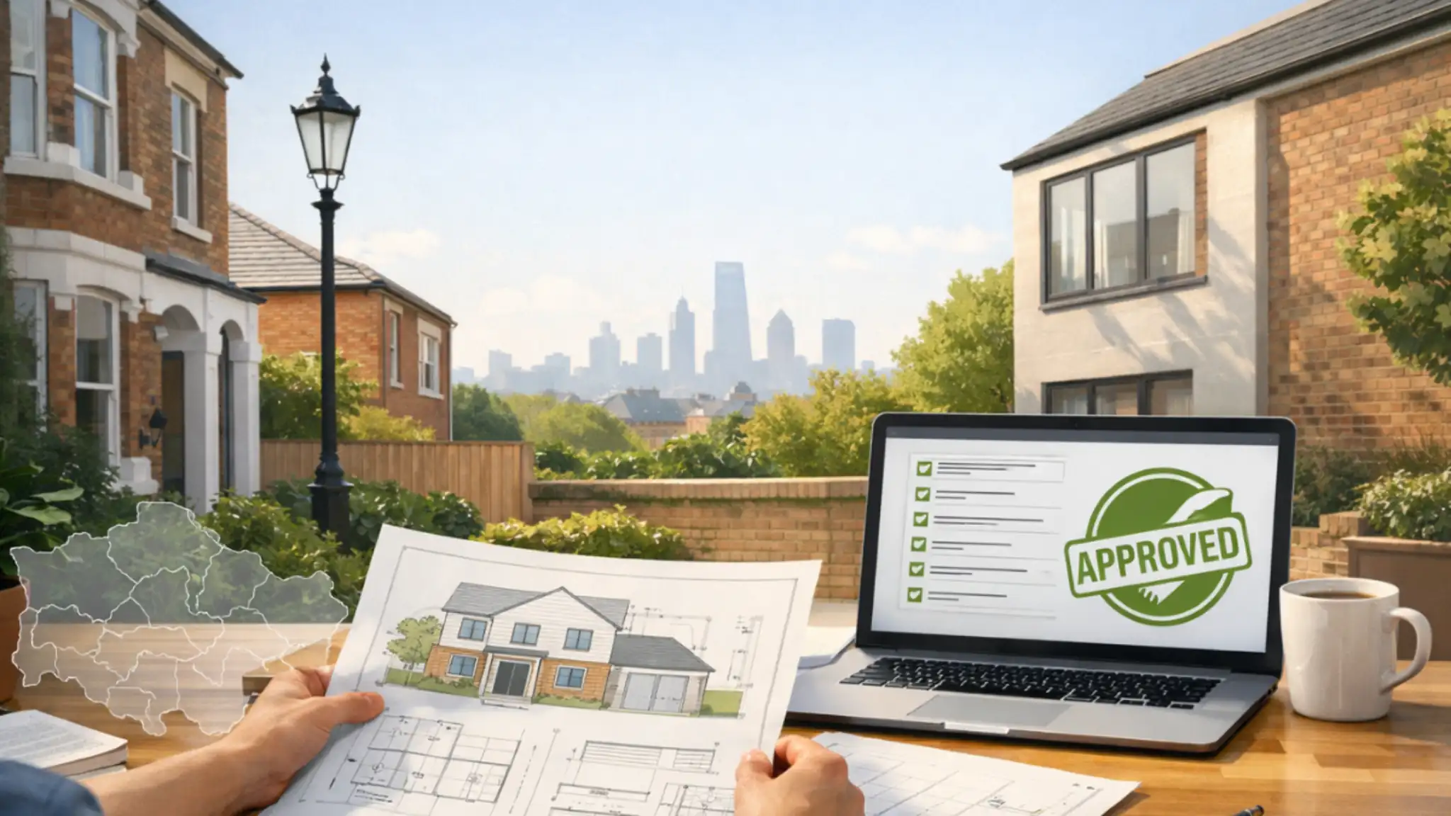 Planning Permission London homeowner reviewing architectural plans at kitchen table with laptop approval checklist, London residential street in background