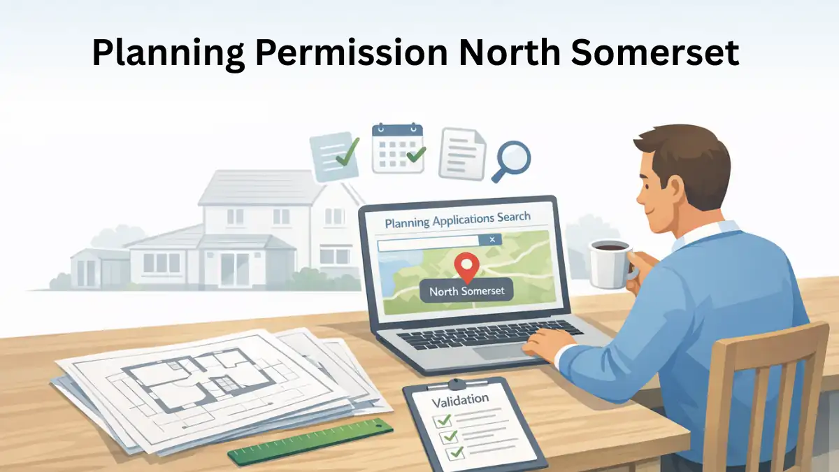 Planning Permission North Somerset illustration showing a UK homeowner reviewing planning applications on a laptop with architectural drawings and validation checklist at a kitchen table.