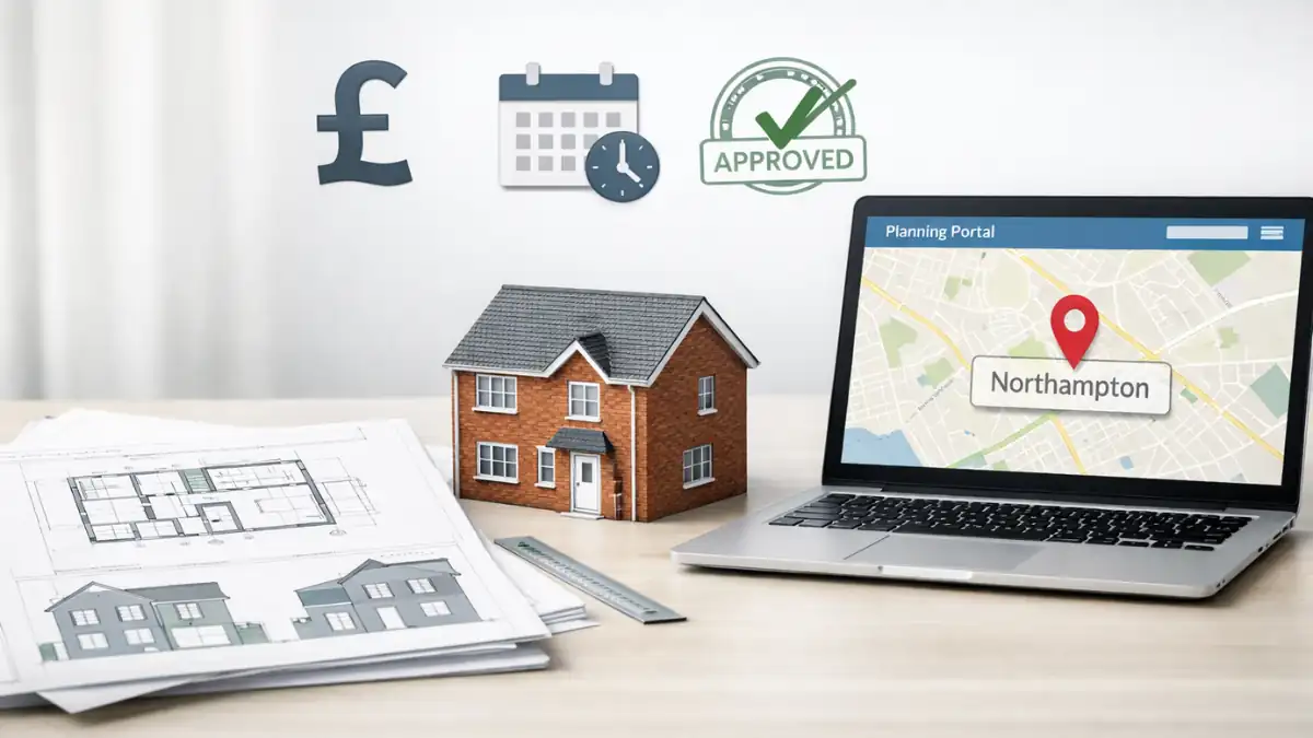 Planning Permission Northampton concept showing UK house plans, brick home model, and laptop displaying planning portal with Northampton map pin, cost, timescale and approval icons.