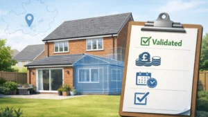 Planning Permission Peterborough concept showing UK suburban home with rear extension blueprint overlay and validated planning checklist for costs, timescales and approval.