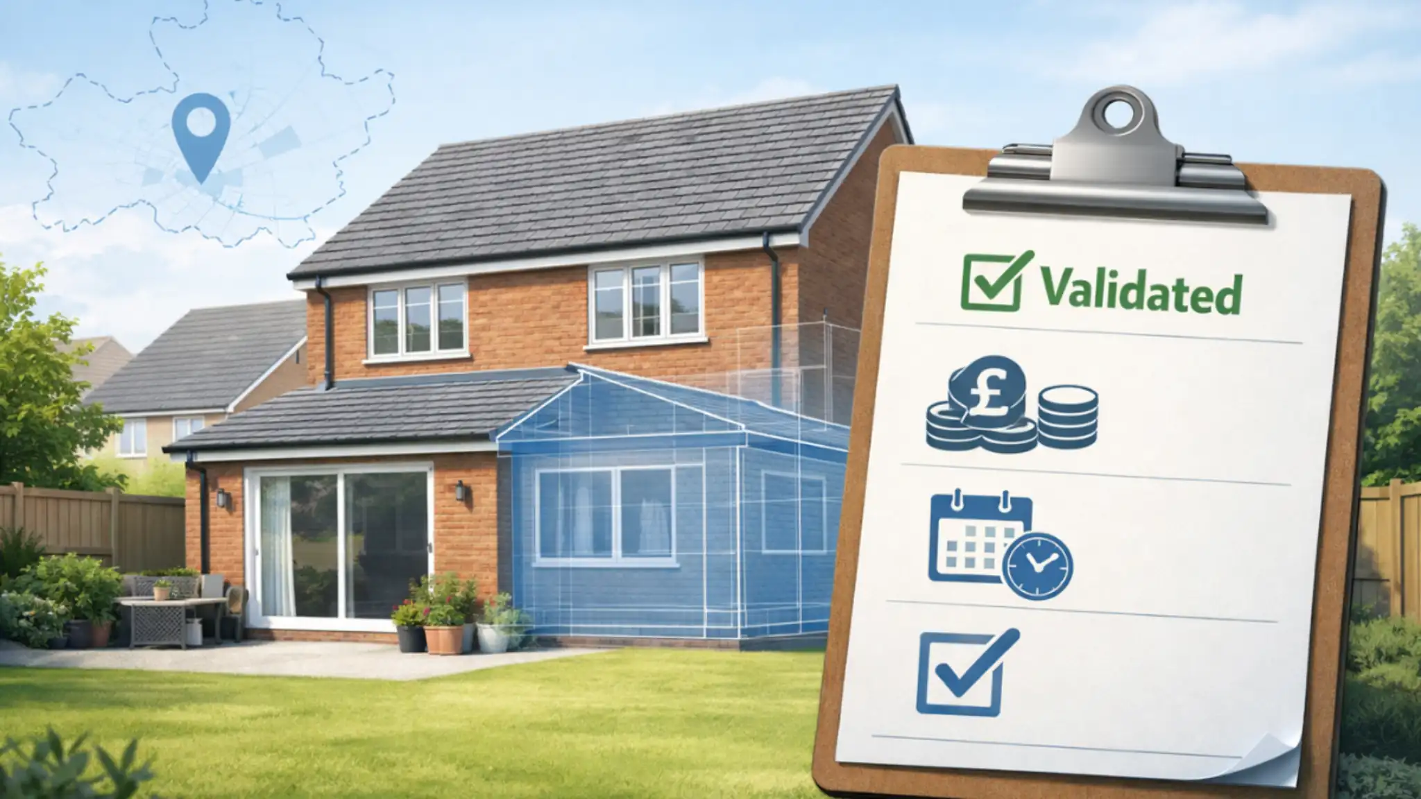 Planning Permission Peterborough concept showing UK suburban home with rear extension blueprint overlay and validated planning checklist for costs, timescales and approval.