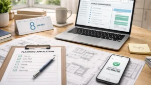 Planning Permission Rugby homeowner preparing architectural plans and planning application documents on a kitchen table with laptop showing council portal and validated status.