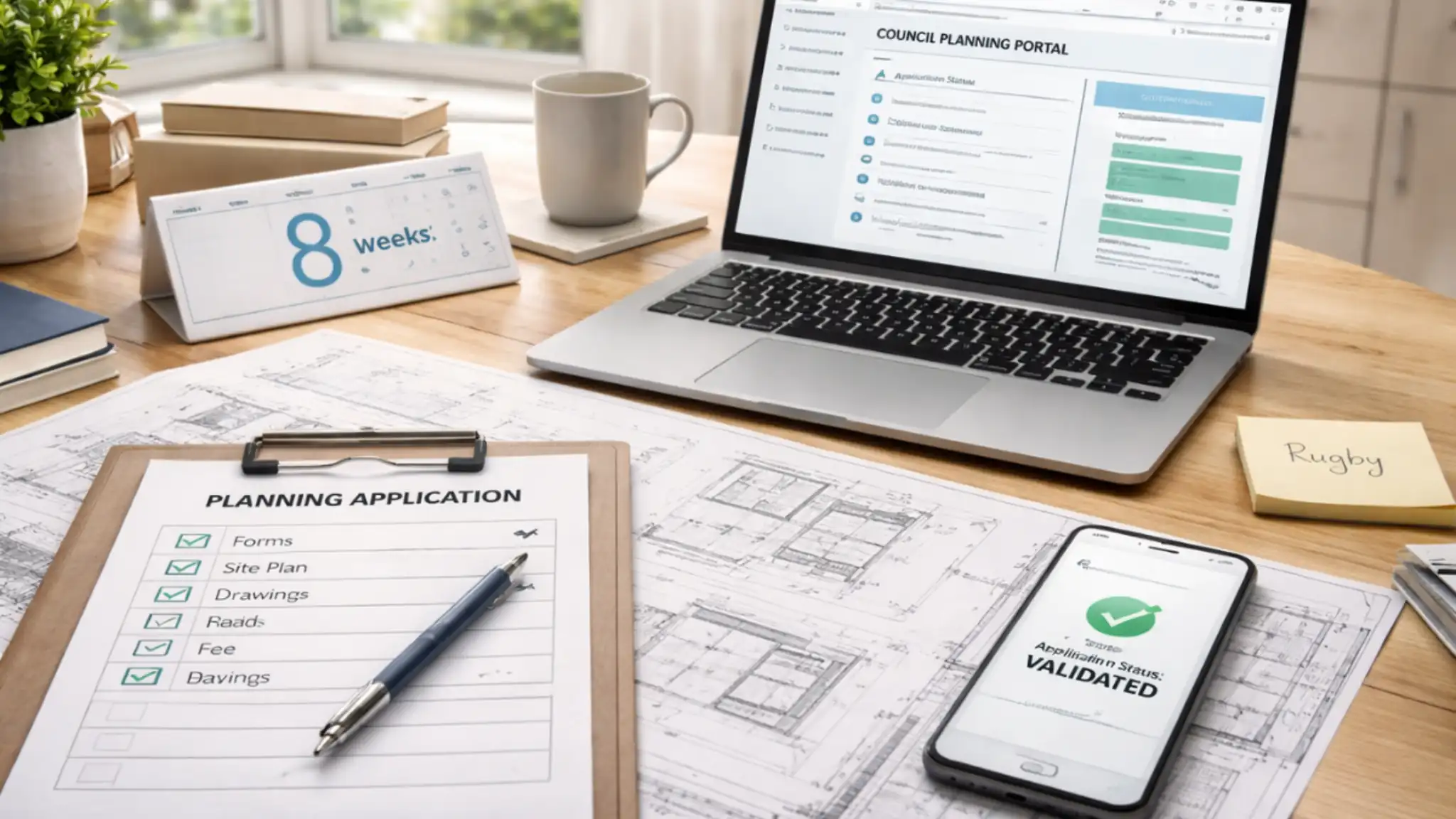 Planning Permission Rugby homeowner preparing architectural plans and planning application documents on a kitchen table with laptop showing council portal and validated status.