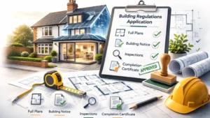Building Regulations Application process illustrated with UK semi- detached house extension plans, clipboard checklist, construction tools, and approved completion certificate.