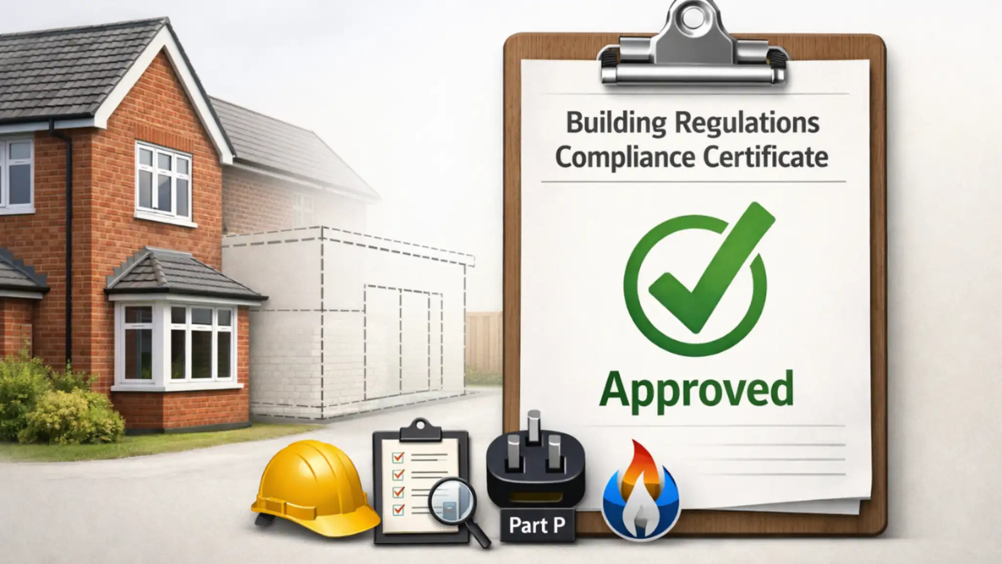 Building Regulations Compliance Certificate approved document displayed on clipboard with house extension illustration, hard hat, Part P electrical plug and gas safety icon.