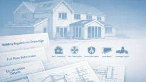 Building Regulations Drawings for a UK home extension showing architectural plans, structural beam details, insulation, ventilation, fire safety and drainage.