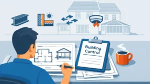 Homeowner reviewing Building Regulations Plans with technical drawings, Building Control clipboard, and UK house extension illustration