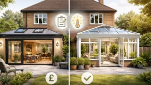 Rear view of a UK brick house comparing Extensions and Conservatories, showing a modern flat-roof home extension and a glass conservatory in a landscaped garden setting.