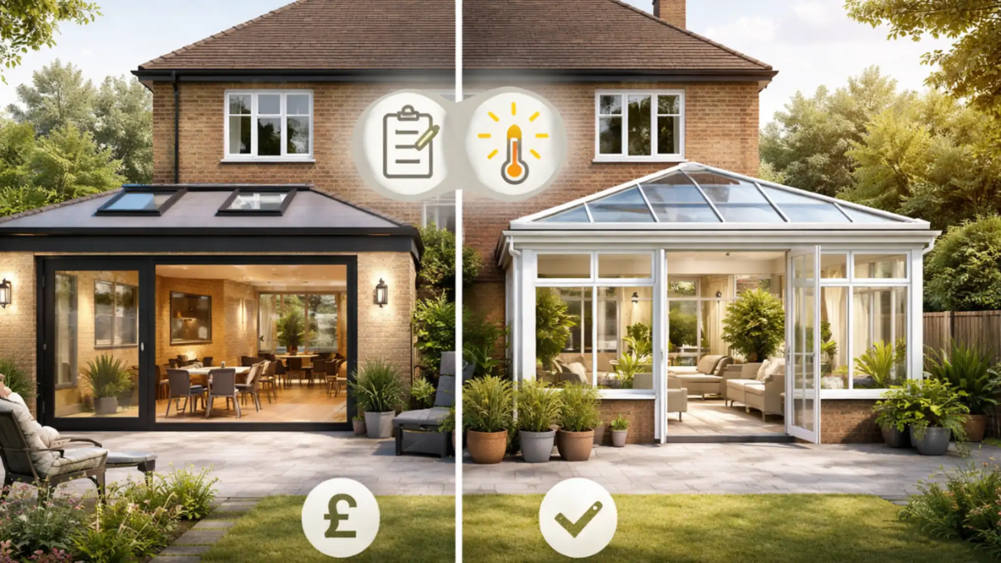 Rear view of a UK brick house comparing Extensions and Conservatories, showing a modern flat-roof home extension and a glass conservatory in a landscaped garden setting.