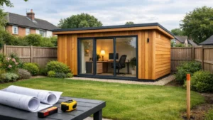 Modern timber garden office in a tidy UK suburban backyard, showing a stylish home workspace setup with planning tools and lawn – ideal example of Home Offices for Garden.