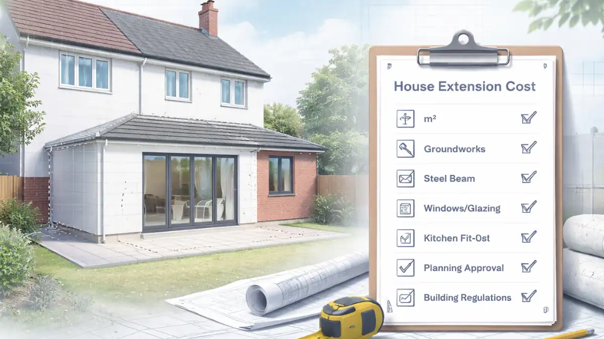 House Extension Cost checklist with modern rear home extension, sliding glass doors, and construction planning elements.