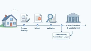 How Long Does Planning Permission Take – UK homeowner timeline showing stages from drawings to council decision