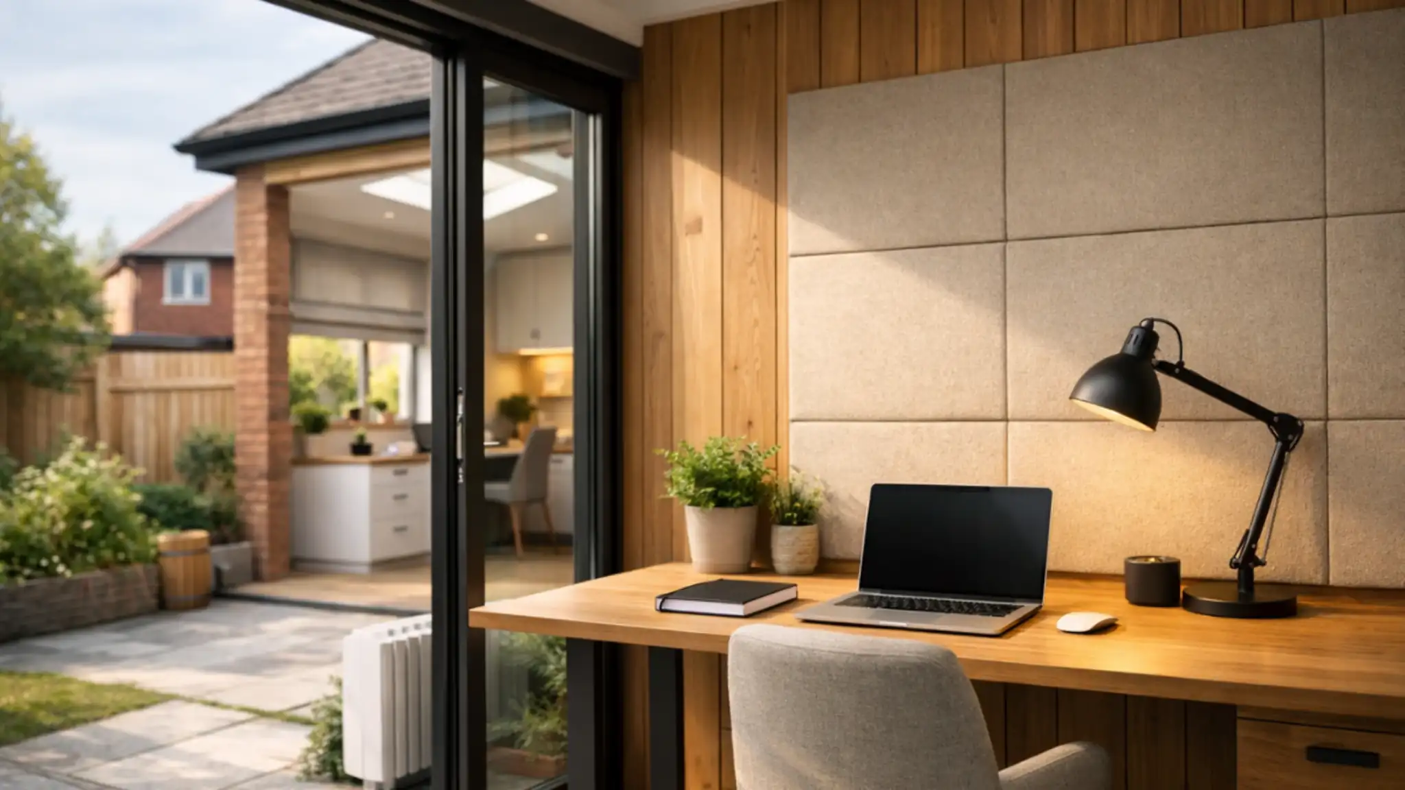 Inspiring Home Offices concept featuring a modern garden room workspace with timber walls, desk setup, and natural light overlooking a UK suburban garden and home extension.