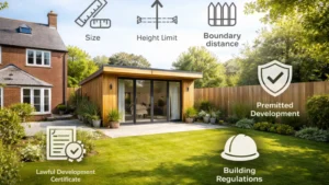 Planning Permission Garden Building guide illustration showing a modern UK garden office with icons for size limits, boundary distance, permitted development and building regulations.