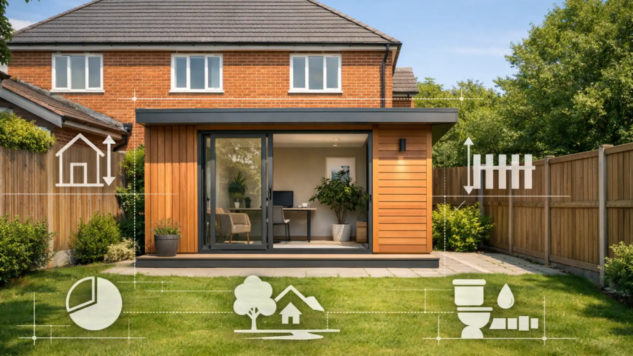 Planning Permission Garden Office guide showing a modern garden office behind a UK brick house with planning compliance icons and measurement overlays.