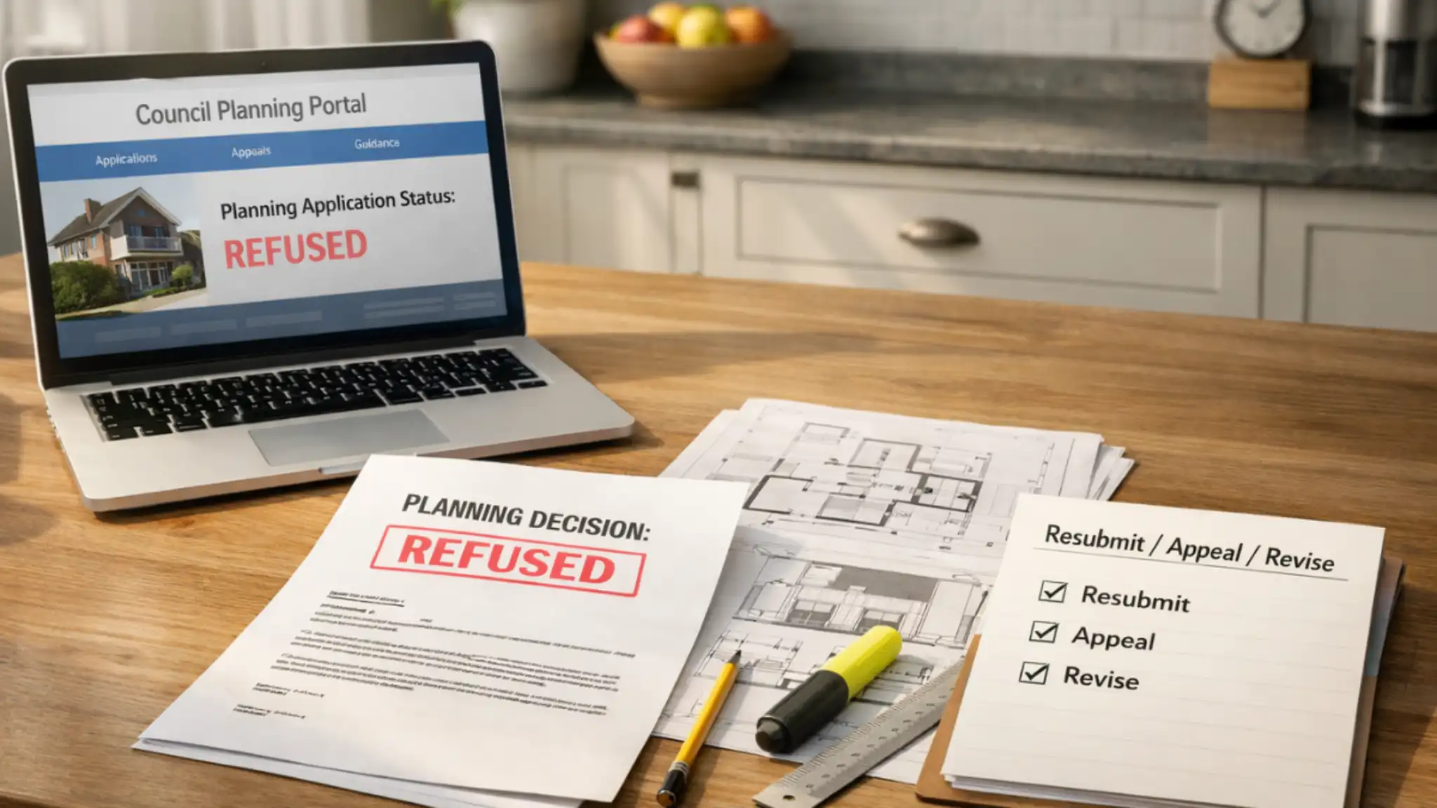 Planning Permission Refused letter on a kitchen table with architectural drawings, laptop showing planning portal, and checklist for resubmit, appeal, or revise options.