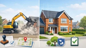 Illustration showing the process of planning permission to demolish and rebuild a UK home, with a house being demolished on one side and a new red-brick house design with planning and building approval icons on the other.