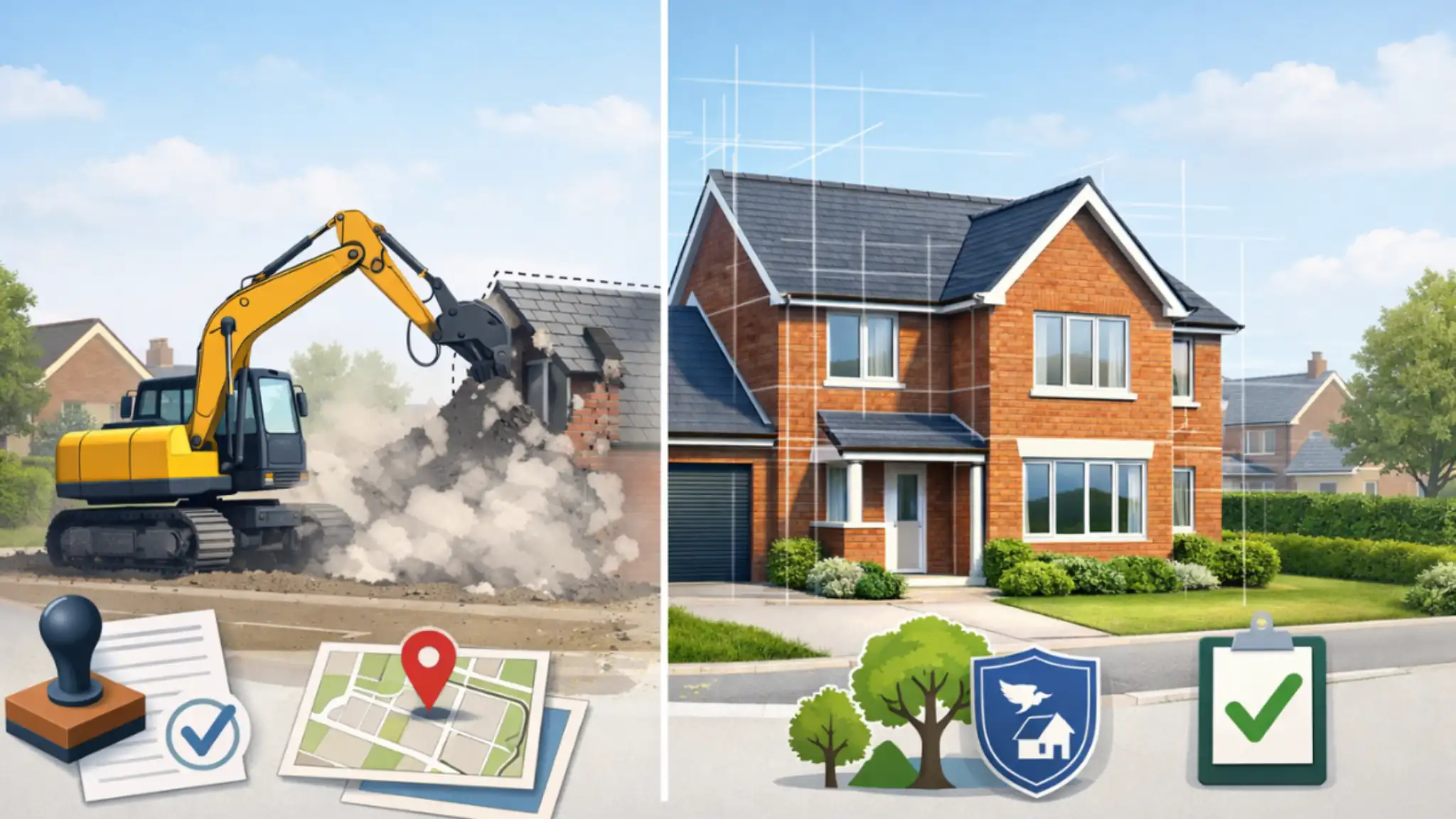 Illustration showing the process of planning permission to demolish and rebuild a UK home, with a house being demolished on one side and a new red-brick house design with planning and building approval icons on the other.