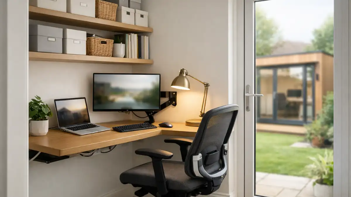 Small Home Offices Ideas: compact UK home office setup with wall- mounted desk, ergonomic chair, monitor arm, floating shelves with storage boxes, indoor plant, warm task lighting, and a view of a modern garden room office outside.