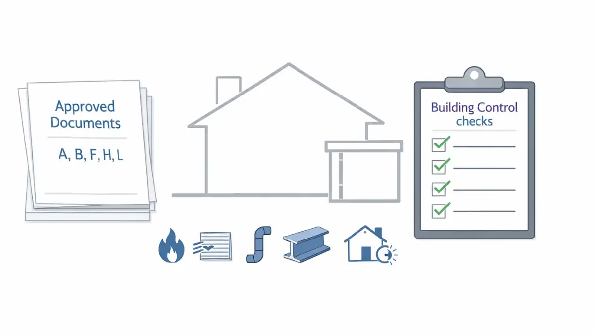 Illustration of Building Regulations Approved Documents checklist with house diagram and compliance checks for construction standards