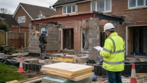 Building Regulations for House Extensions – UK suburban home with rear extension under construction, showing exposed foundations, structural steel beam installation, and a building control inspector reviewing plans on site.