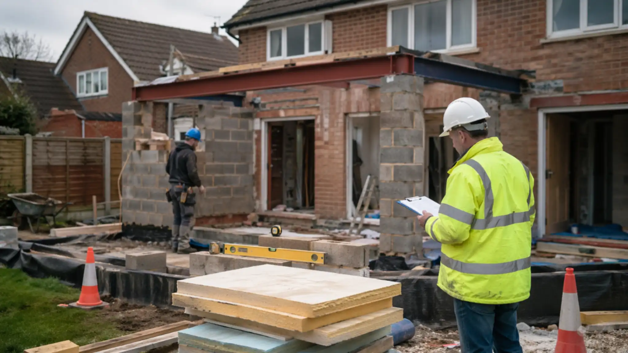 Building Regulations for House Extensions – UK suburban home with rear extension under construction, showing exposed foundations, structural steel beam installation, and a building control inspector reviewing plans on site.