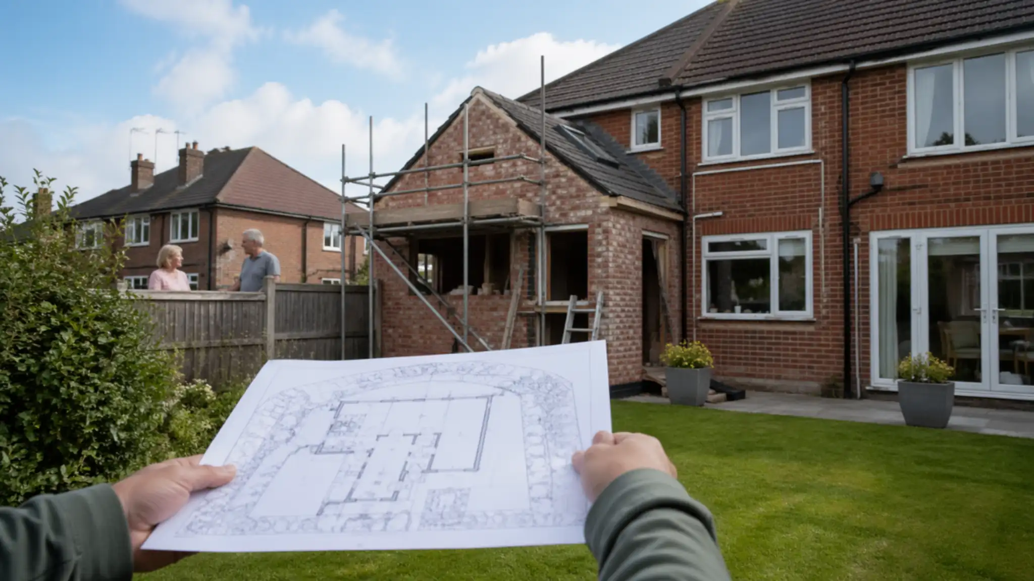 Can Neighbours Stop My Extension – homeowner holding architectural plans while viewing a house extension under construction in a suburban backyard with scaffolding and neighboring property visible