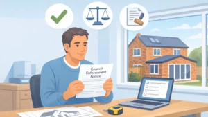 Homeowner reviewing an Enforcement Notice for a rear extension in a UK house, with planning drawings and building tools on desk