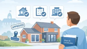 UK homeowner reviewing extension built without planning permission with house extension, approval icons and building regulations concept