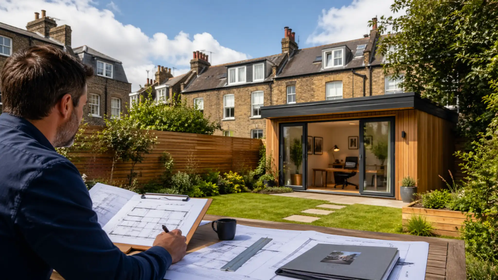 Home Offices London – modern garden office in a London backyard with a professional reviewing architectural plans at an outdoor table, surrounded by landscaped greenery and traditional brick houses
