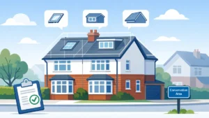 Loft Conversion Planning Permission illustration showing a UK semi- detached house with rooflight, dormer and hip-to-gable loft options, planning approval document and conservation area sign.