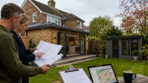 Homeowner and planning consultant reviewing extension plans under Permitted Development Rules at a UK semi-detached house with modern rear extension and garden office.
