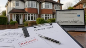 Planning Appeals Process documents with refused stamp on clipboard in front of UK suburban house, showing property planning application review setup.