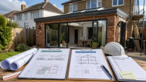 Planning Permission vs Building Regulations – house extension with open glass doors and architectural plans, building regulations checklist, and construction setup in a suburban garden