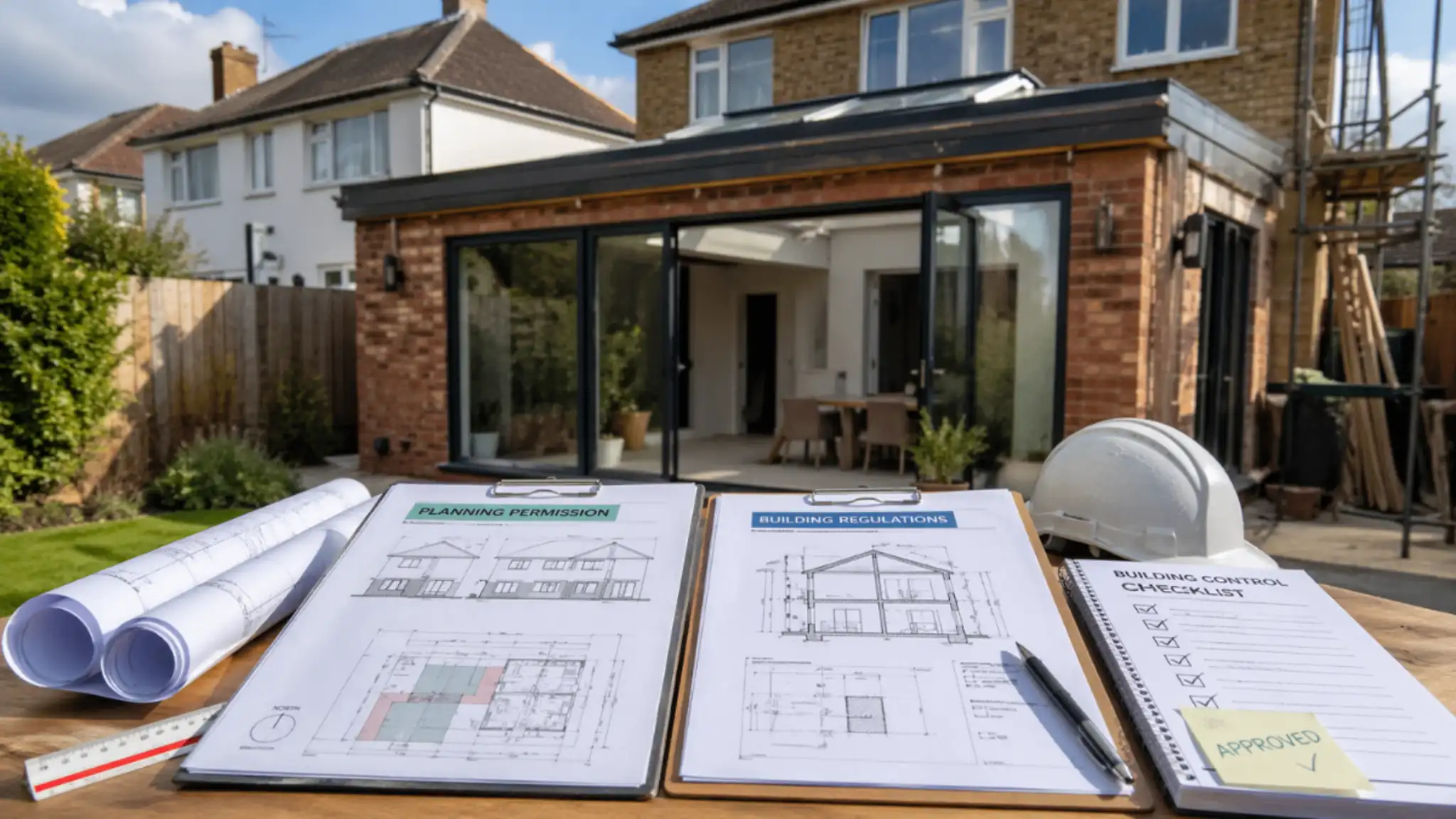 Planning Permission vs Building Regulations – house extension with open glass doors and architectural plans, building regulations checklist, and construction setup in a suburban garden