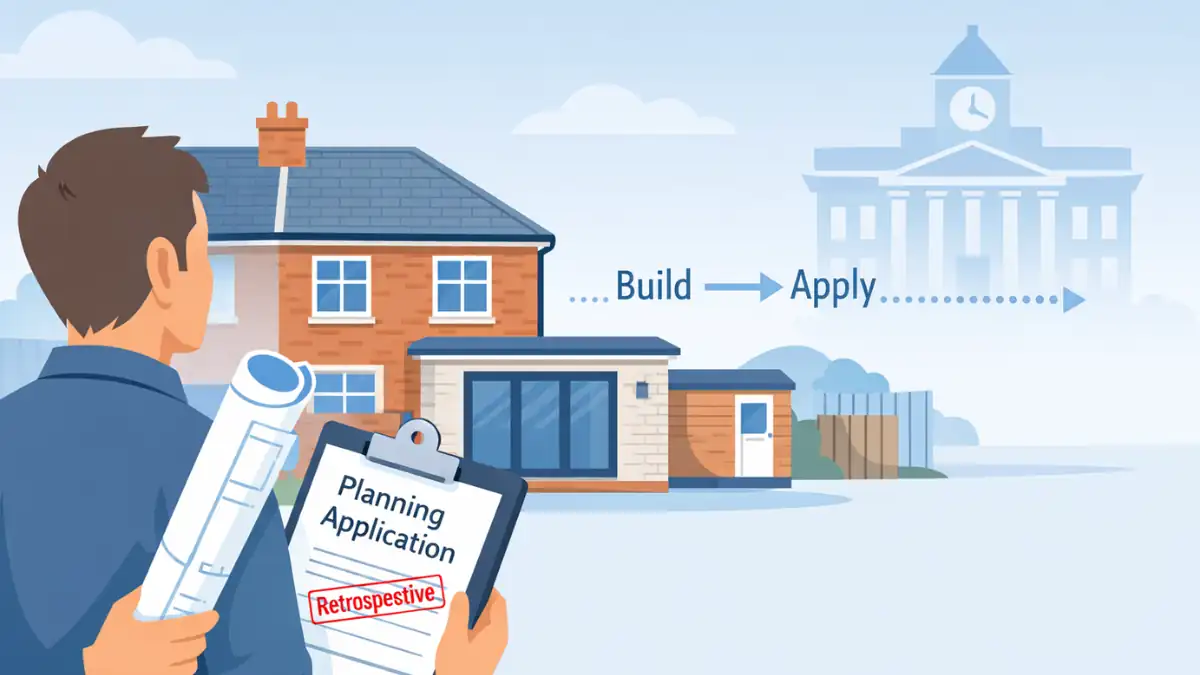 UK homeowner holding plans for a retrospective planning application in front of a semi-detached house with extension, illustrating retrospective planning permission process.