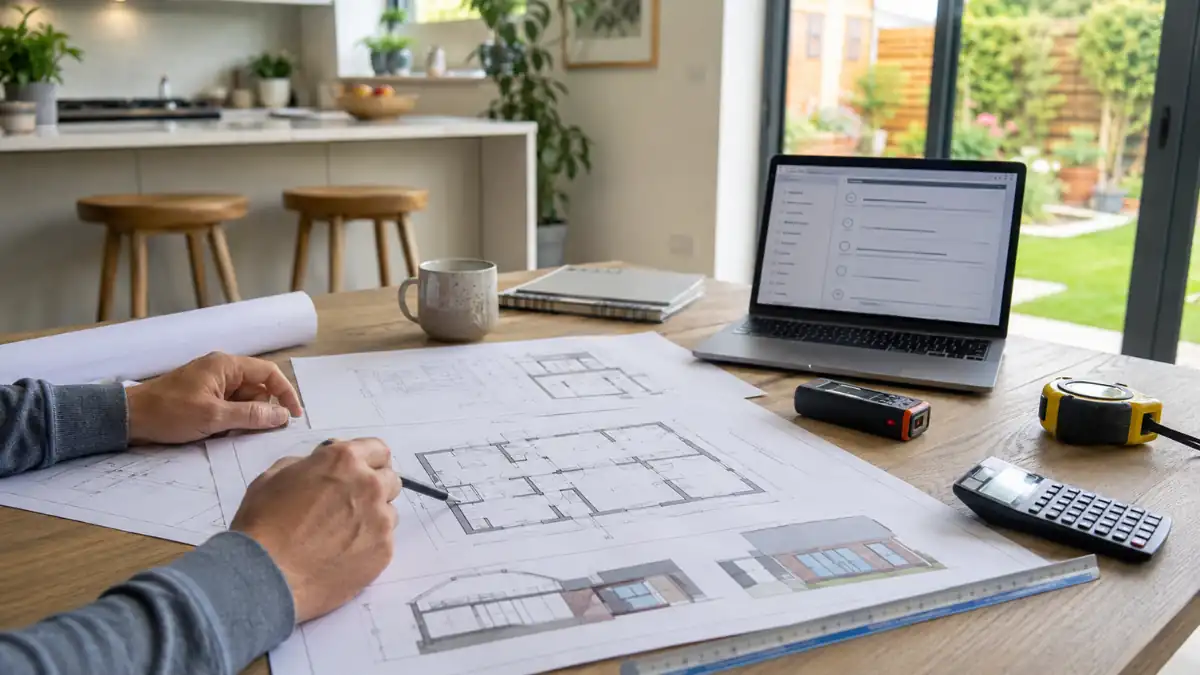 Architect reviewing residential extension plans and estimating architectural drawings cost for a modern home renovation project.
