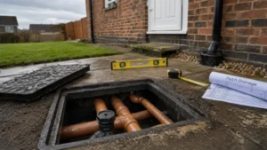 drainage inspection chamber with exposed underground pipes beside residential property and building regulation plans