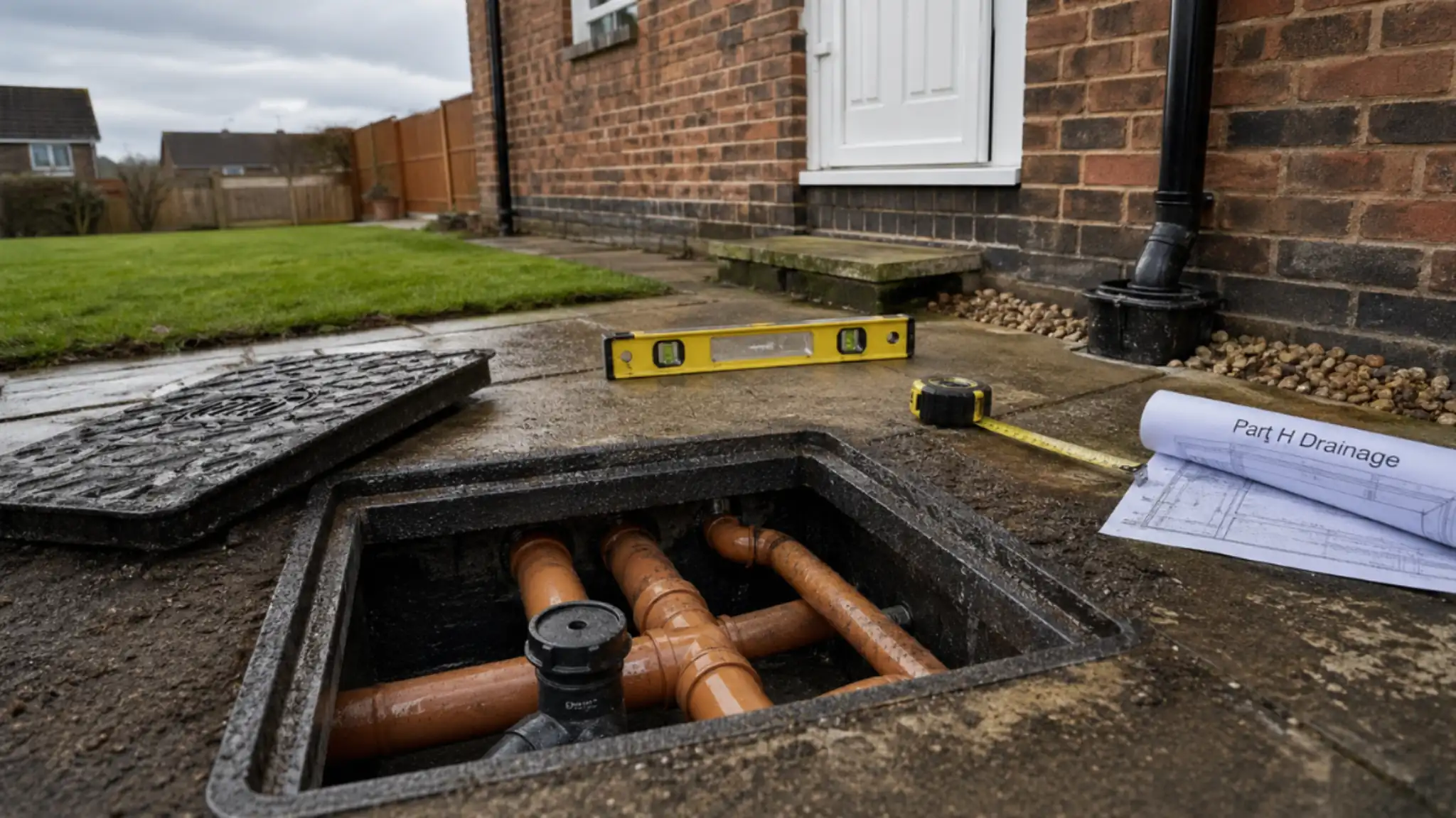 drainage inspection chamber with exposed underground pipes beside residential property and building regulation plans