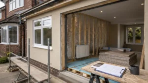 Building Regulations for Garage Conversion project showing residential home extension under construction with insulation, structural framework, renovation plans, and compliance work for garage conversion approval.