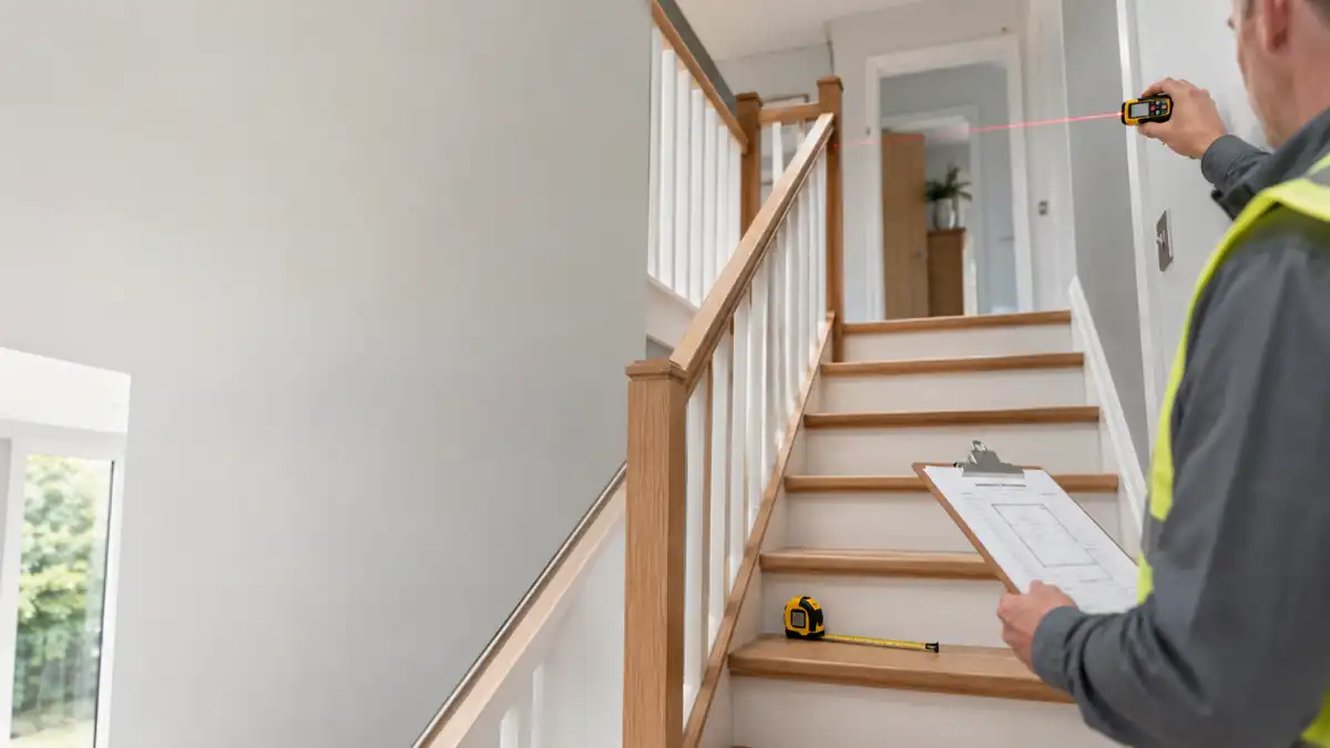 Inspector measuring residential staircase dimensions with laser tool and clipboard to ensure compliance with Building Regulations on Stairs in a modern home interior.