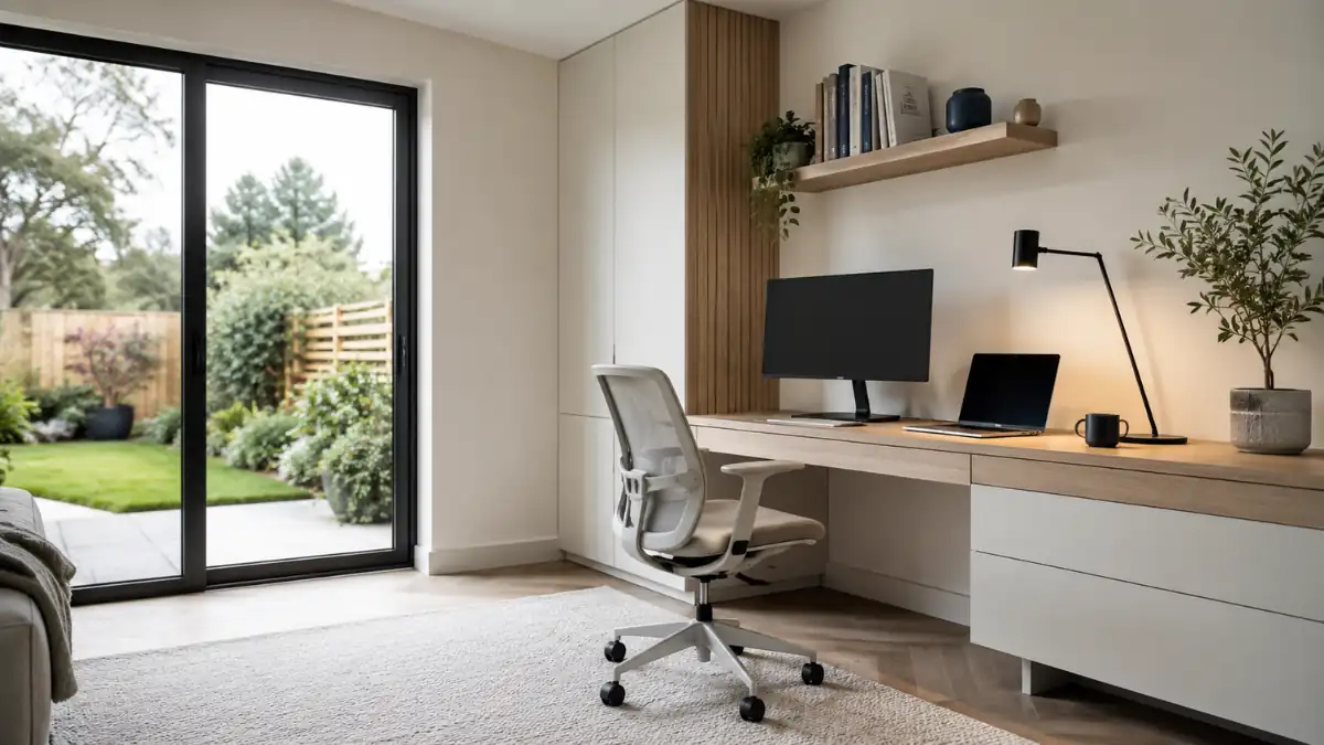 Contemporary Home Offices interior featuring a modern minimalist workspace with ergonomic chair, built-in wooden desk, natural lighting, garden view, and stylish home office decor.