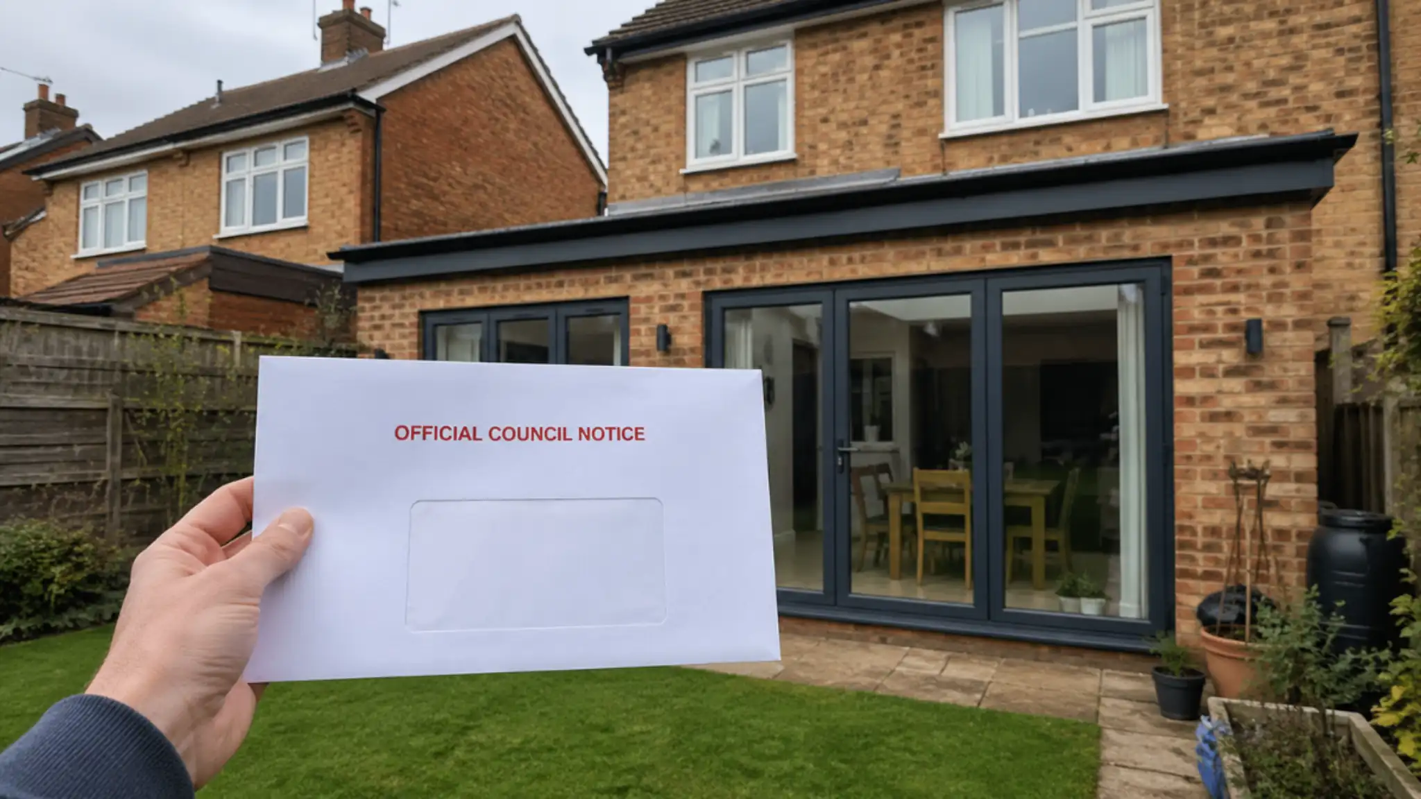 Council Enforcement Notice letter delivered to a residential property with modern extension and backyard garden
