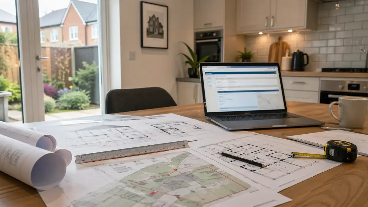 Drawings for Planning Permission displayed on a kitchen table with architectural plans, site maps, measuring tools, and a laptop in a modern home workspace.