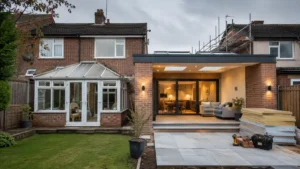Modern rear house extension conversion with open-plan kitchen, sliding glass doors, skylights, and landscaped patio in a renovated brick family home.